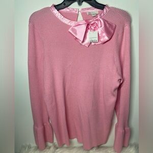 Cato Pink Ribbed Crewneck Sweater with Satin Bow